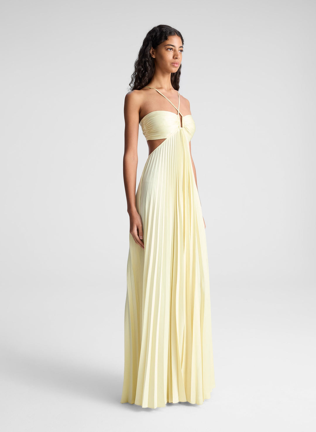 Golden Radiance Pleated Halter Maxi Dress