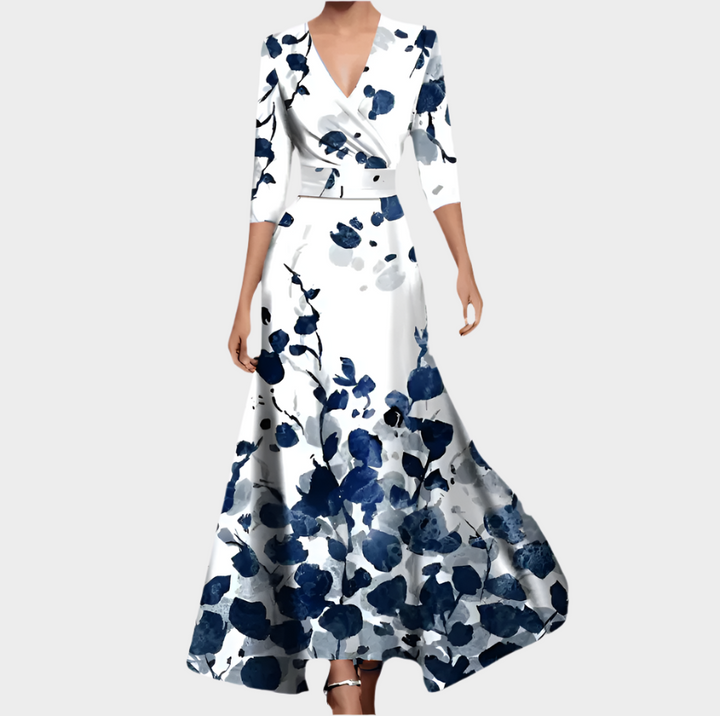 Long Dress with Flowers and V-Neck