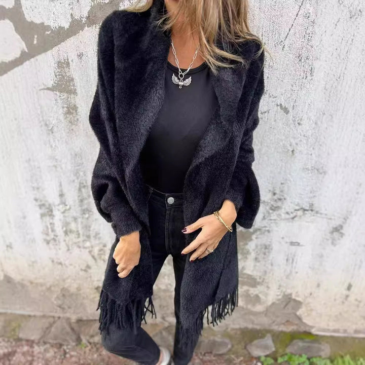Charcoal Fringe Open-Front Cardigan
