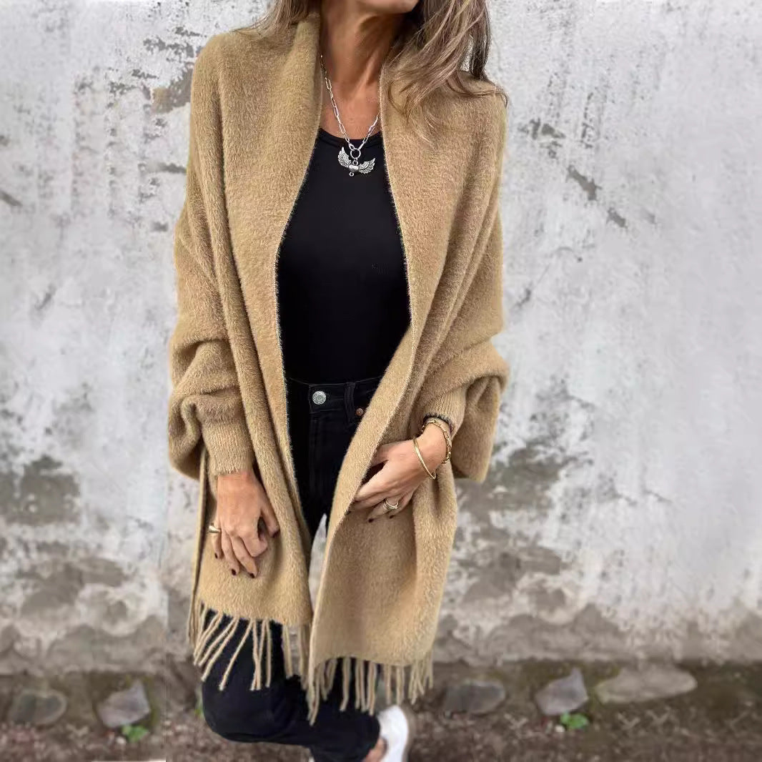 Charcoal Fringe Open-Front Cardigan