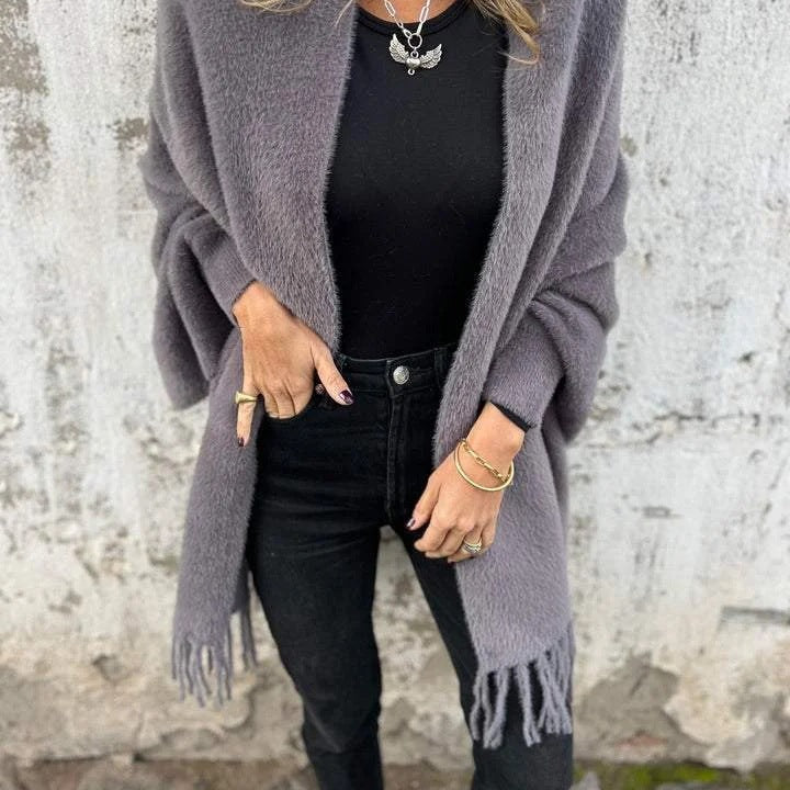 Charcoal Fringe Open-Front Cardigan