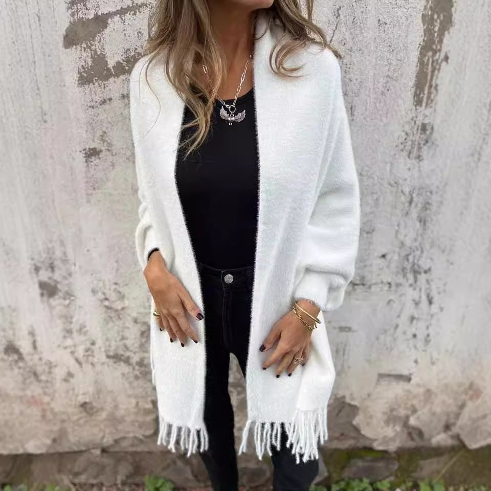 Charcoal Fringe Open-Front Cardigan