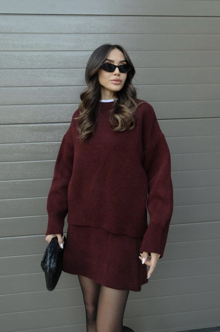 Bordeaux Chic Knit Sweater & Skirt Set