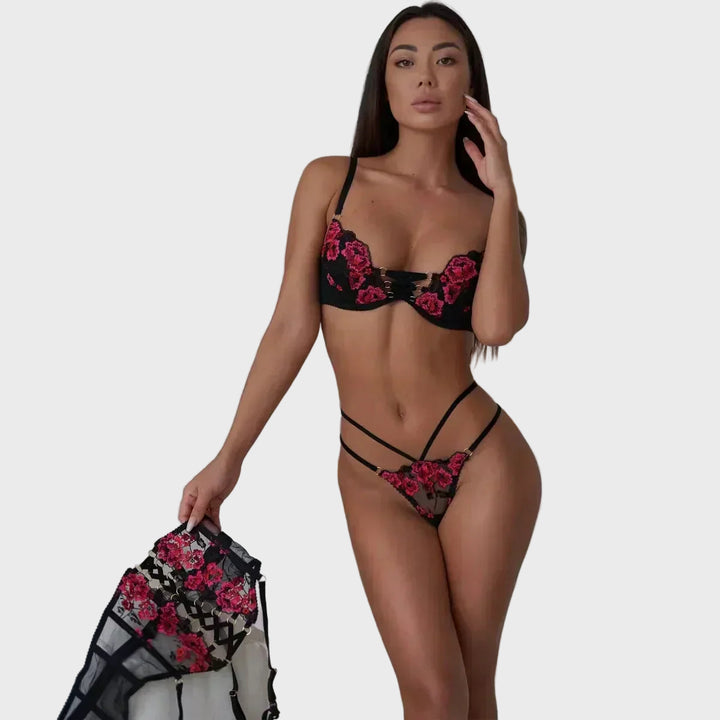 Crimson Rose Embroidered Lingerie Set