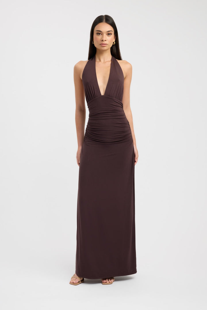 Mocha Elegance Halter Maxi Dress