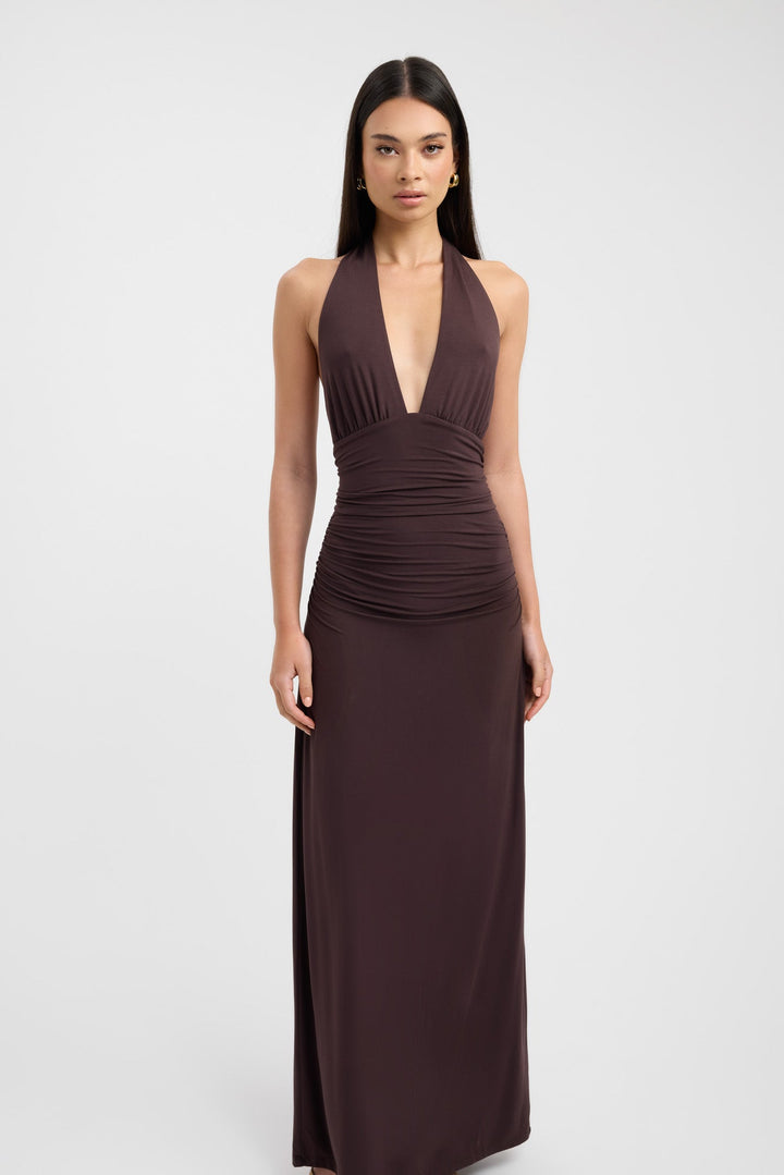 Mocha Elegance Halter Maxi Dress