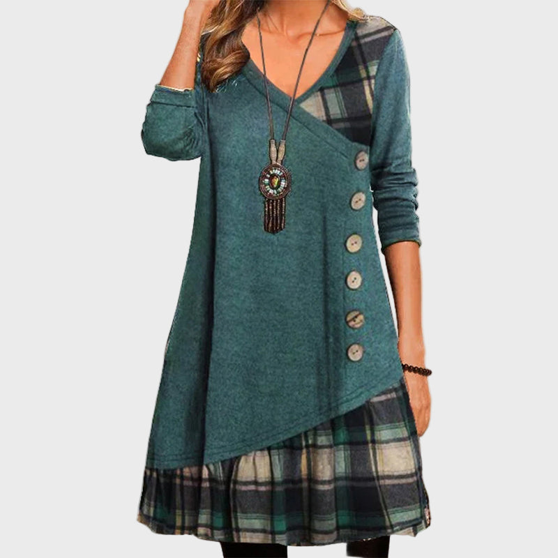 Grey Plaid Button Accent Dress
