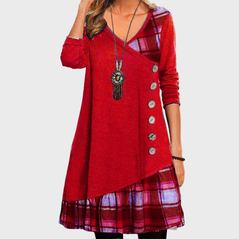 Grey Plaid Button Accent Dress