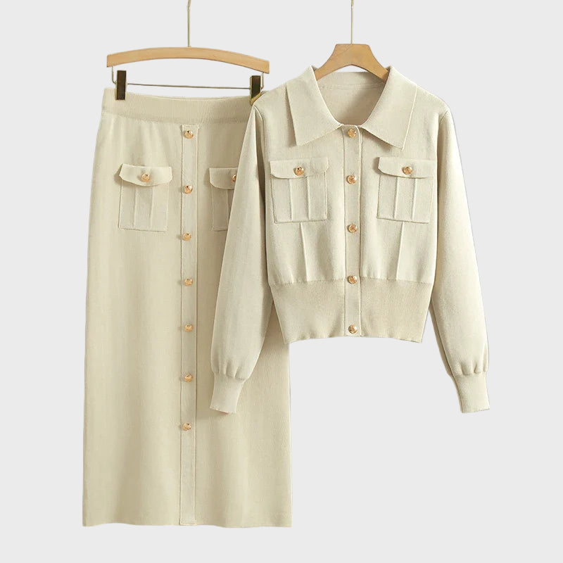 Buttoned Pocket Knit Skirt Set