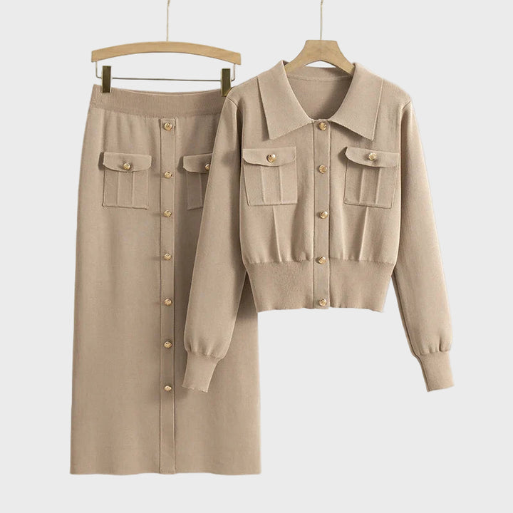 Buttoned Pocket Knit Skirt Set