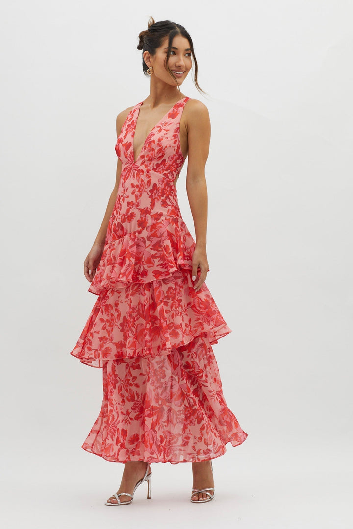 Crimson Bloom Tiered Maxi Dress