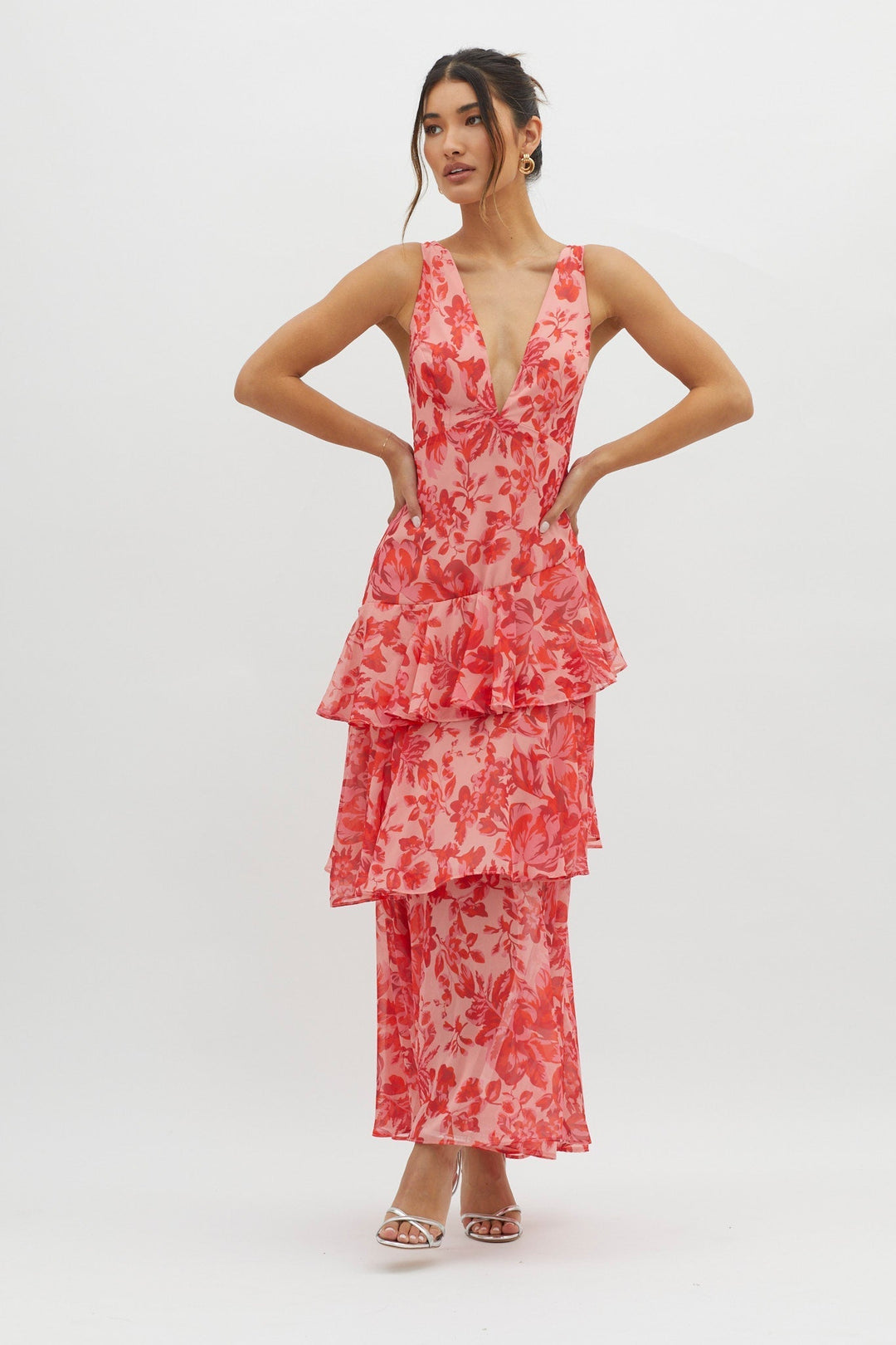 Crimson Bloom Tiered Maxi Dress