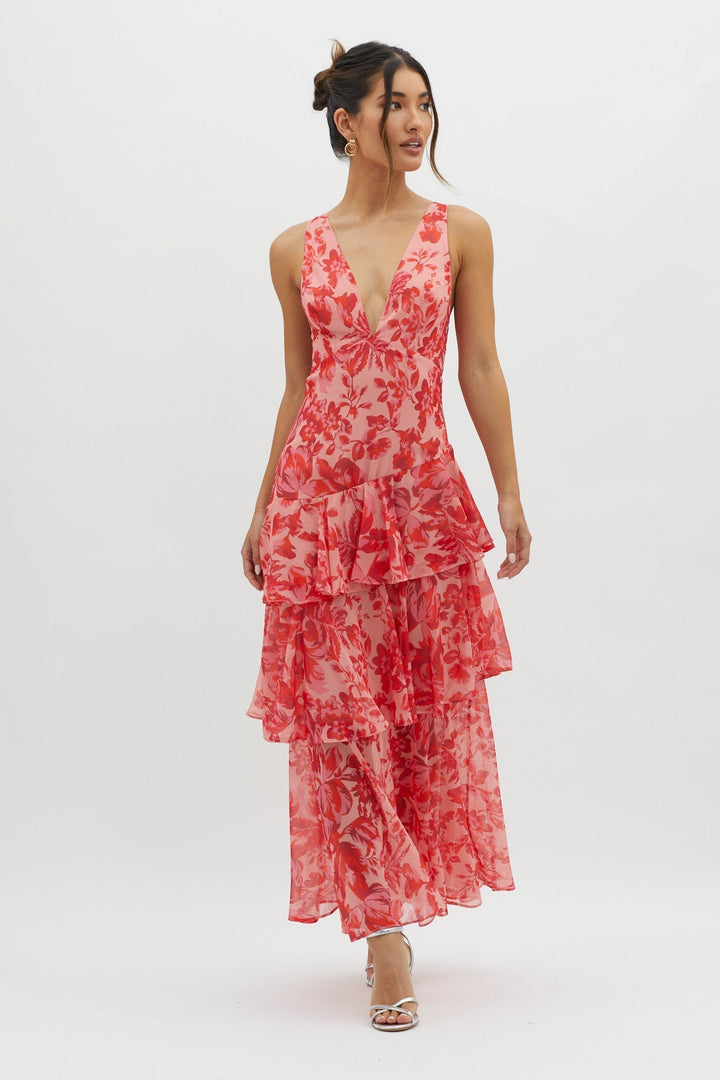 Crimson Bloom Tiered Maxi Dress