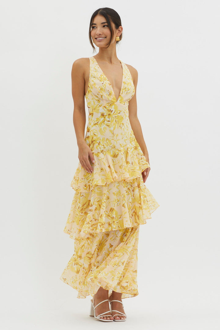 Crimson Bloom Tiered Maxi Dress