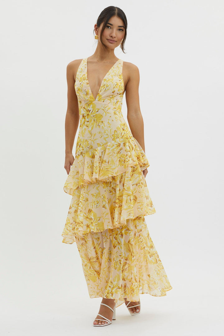 Crimson Bloom Tiered Maxi Dress