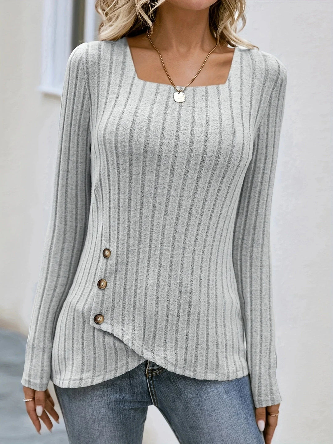 Asymmetric Button Ribbed Knit Top