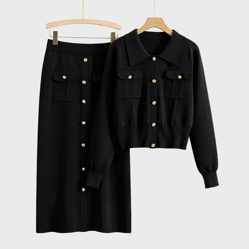 Buttoned Pocket Knit Skirt Set