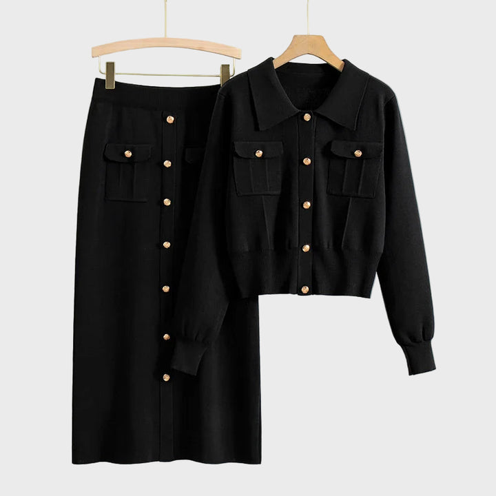 Buttoned Pocket Knit Skirt Set