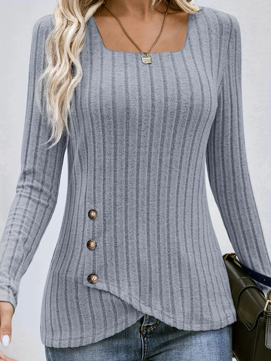 Asymmetric Button Ribbed Knit Top