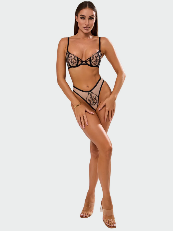Black Embroidered Sheer Lingerie Set