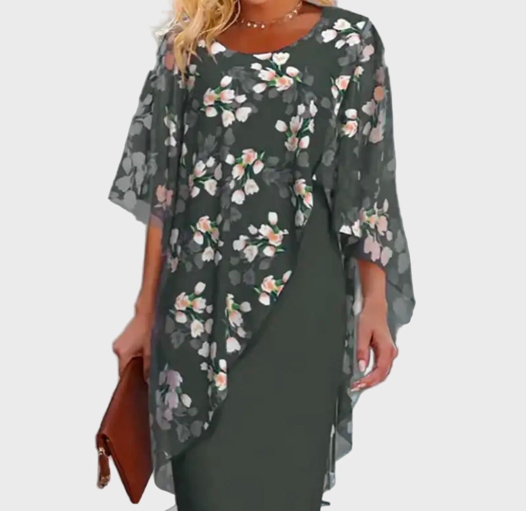 Navy Blue Floral Overlay Dress