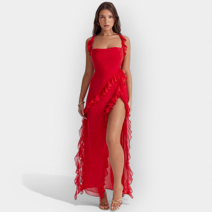 Dress with Slit and Ruffled Details