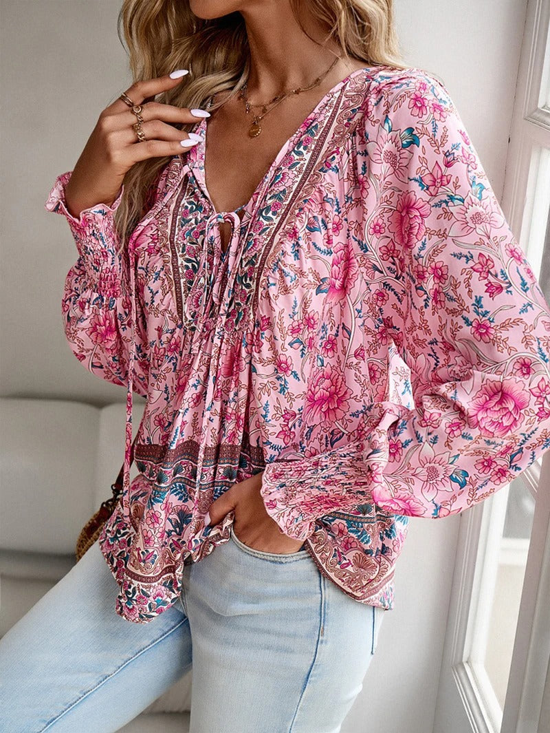 Boho Floral Lace-Up Blouse
