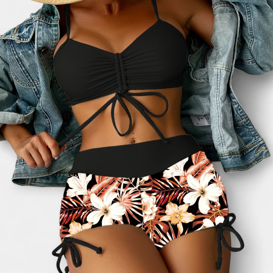 High-Waisted Bikini with Tropical Patterns