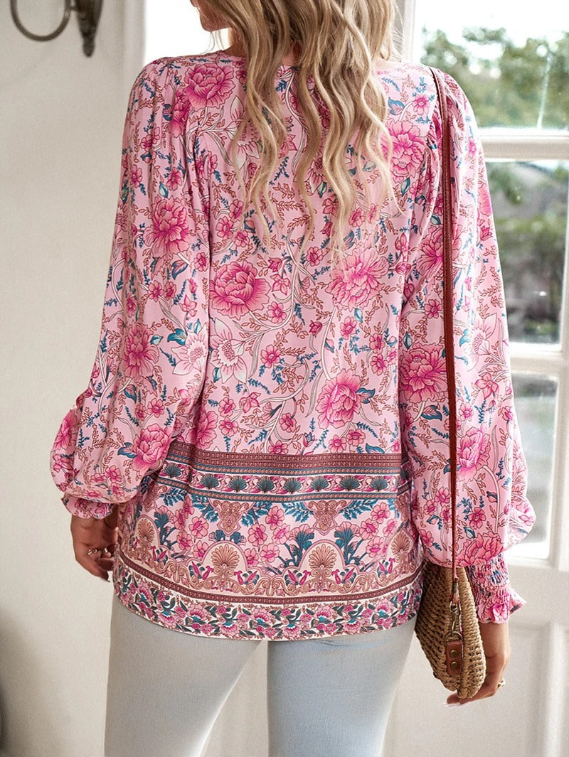 Boho Floral Lace-Up Blouse