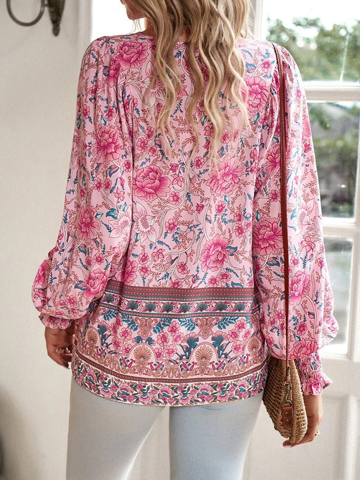 Boho Floral Lace-Up Blouse