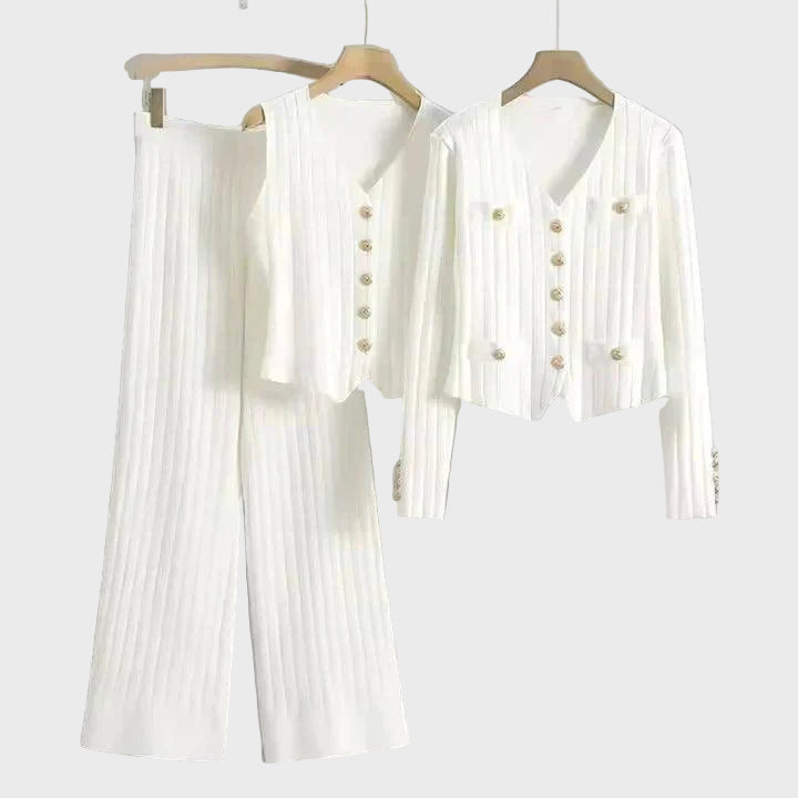 Beige Ribbed Three-Piece Pants Set