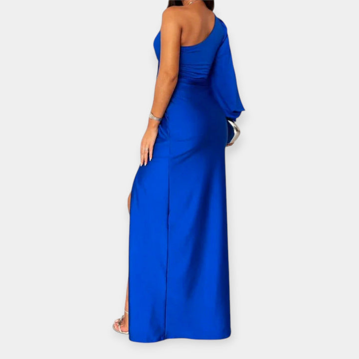 Maxi Dress with Asymmetrical Shoulder and Slit