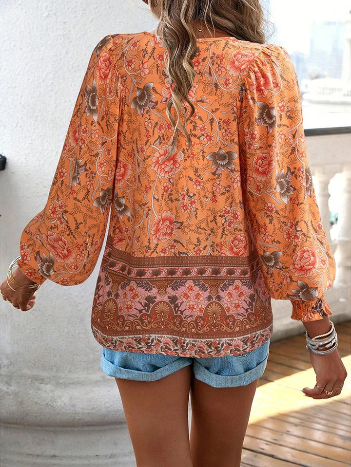 Boho Floral Lace-Up Blouse