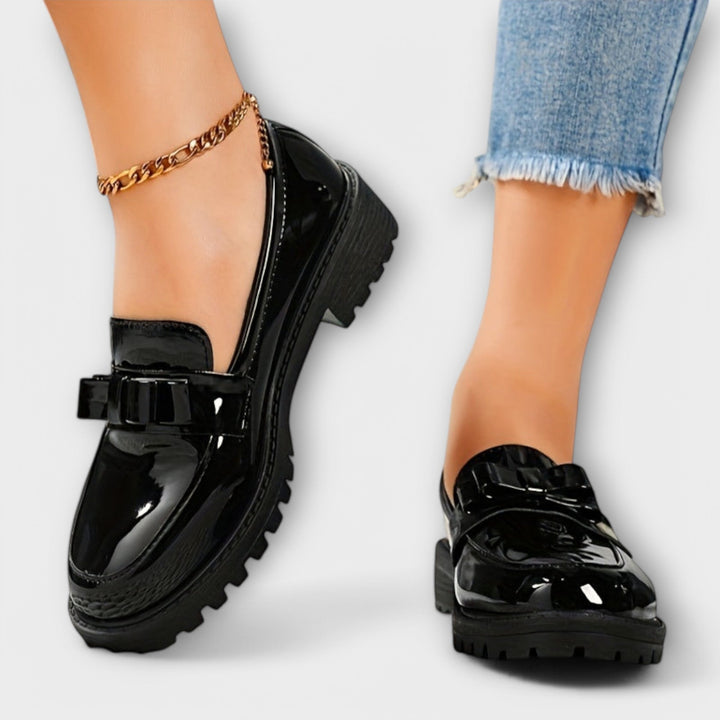 Women's Black Patent Moccasins with Bow