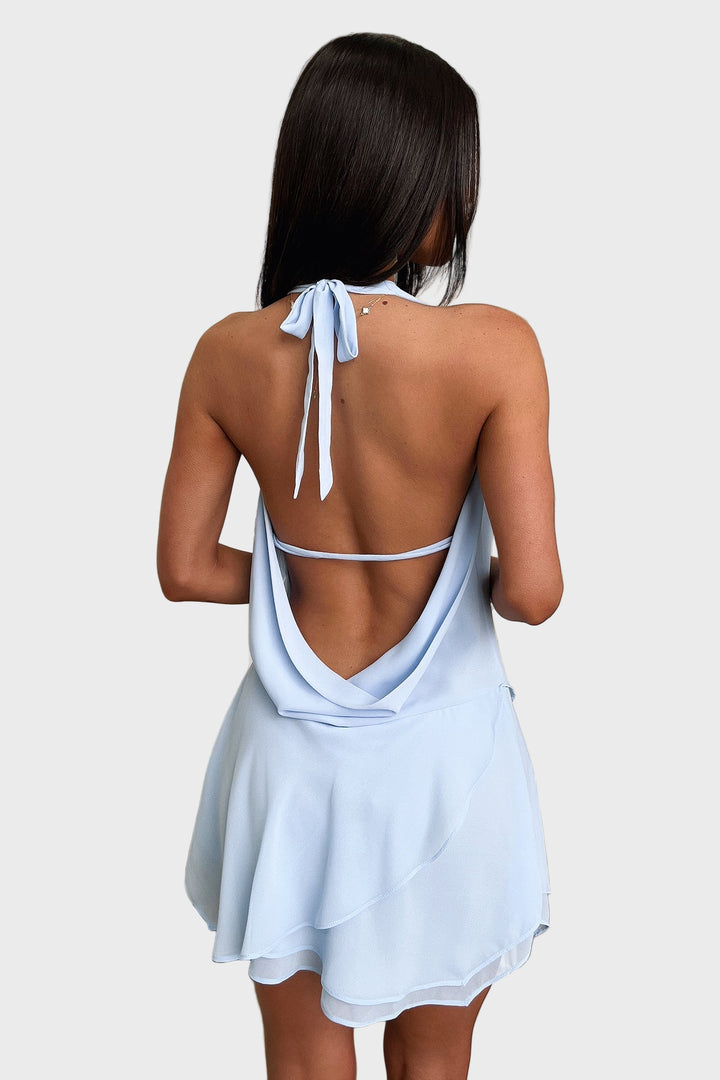 Azure Glow Draped Mini Dress