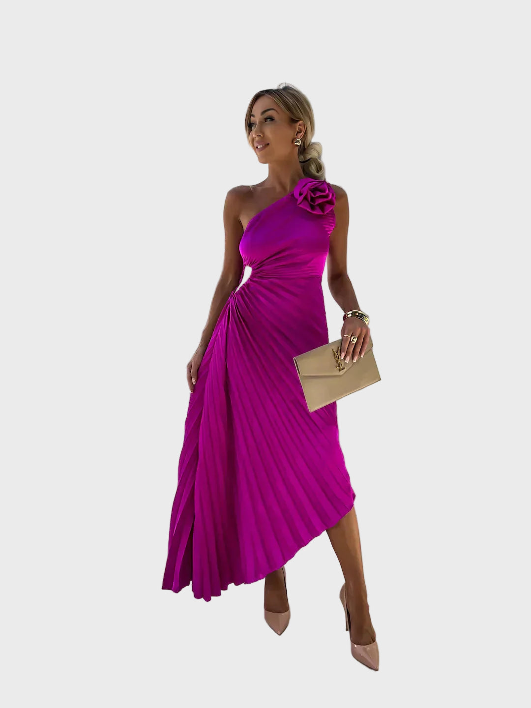 Scarlet Bloom One-Shoulder Pleated Dress