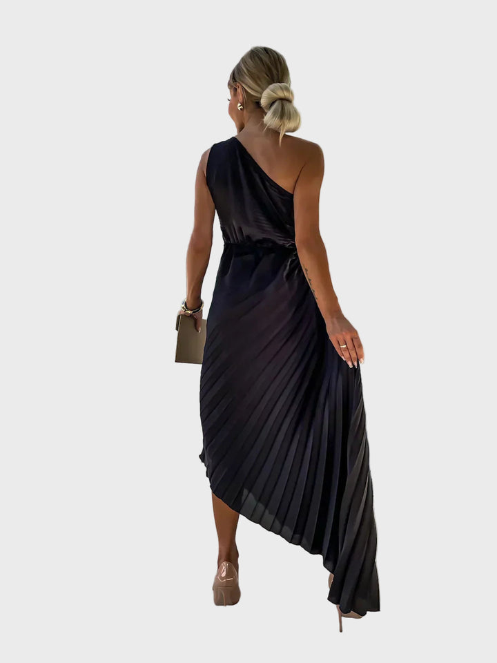 Scarlet Bloom One-Shoulder Pleated Dress