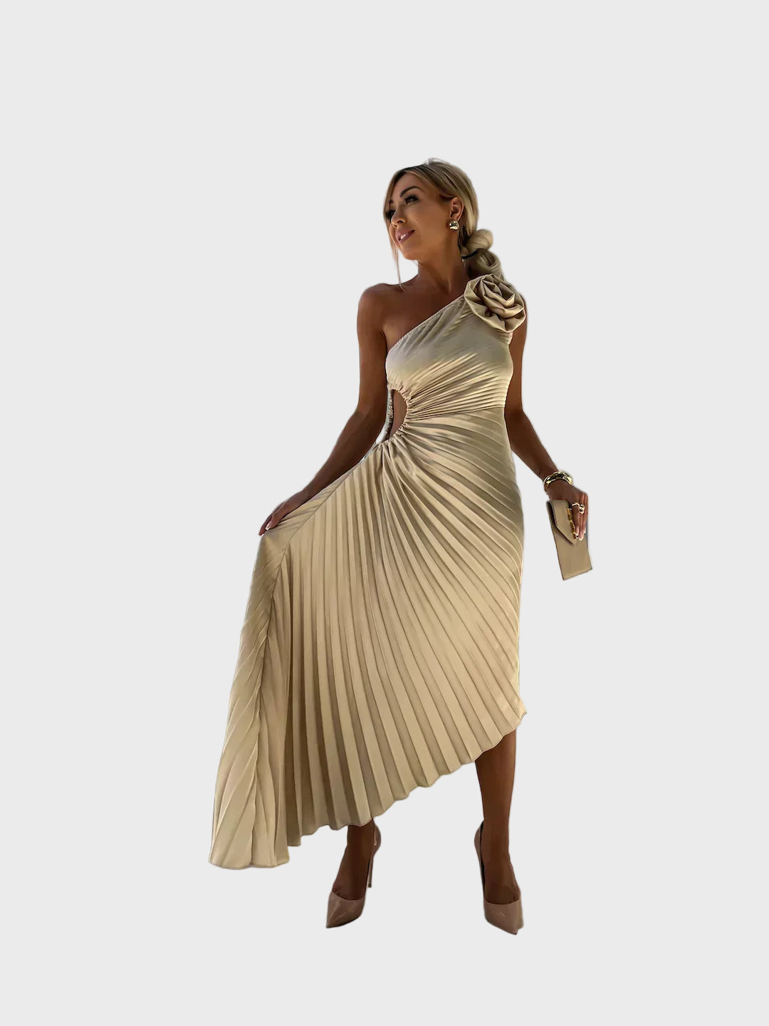Scarlet Bloom One-Shoulder Pleated Dress
