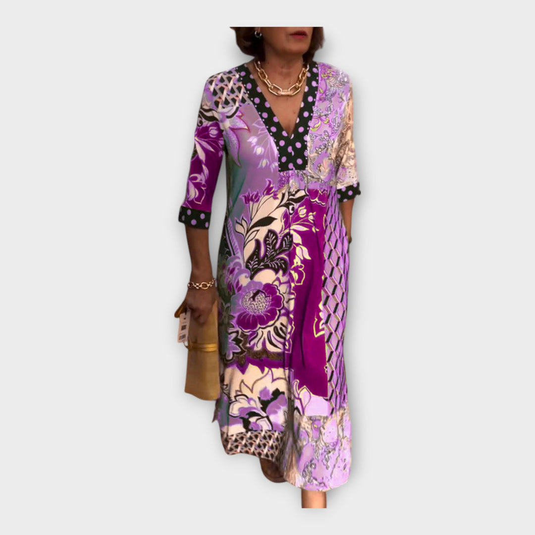 Multicolored Dress with Buttons and 3/4 Sleeves