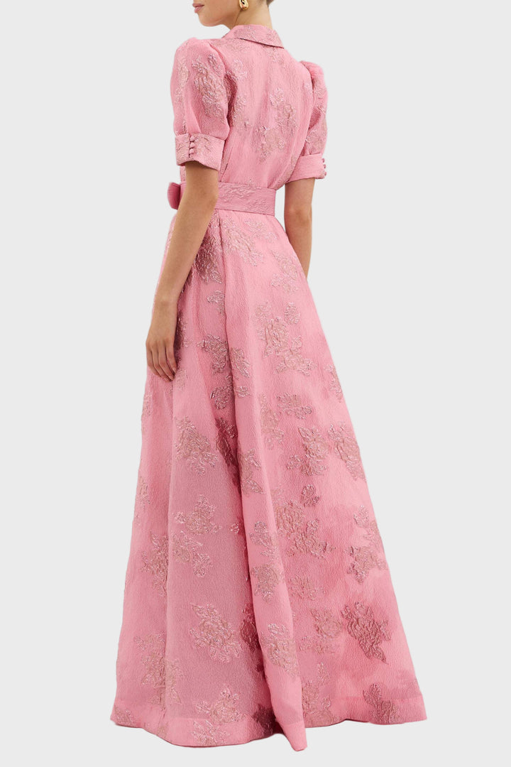 Pink Jacquard Belted Shirt Maxi Dress