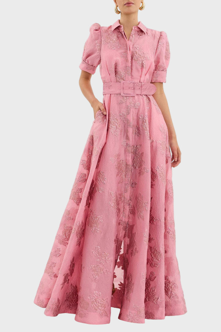 Pink Jacquard Belted Shirt Maxi Dress