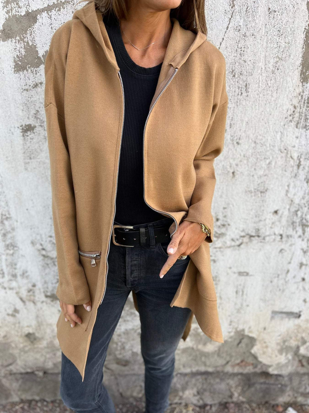 Camel Chic Longline Hoodie Cardigan