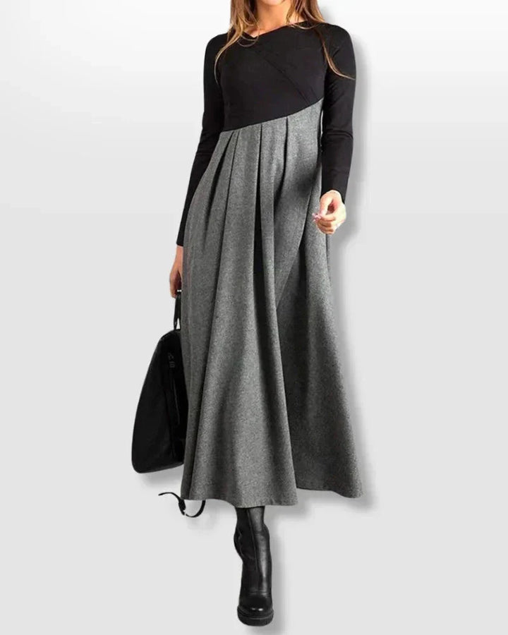 Two-Tone Pleated A-Line Maxi Dress