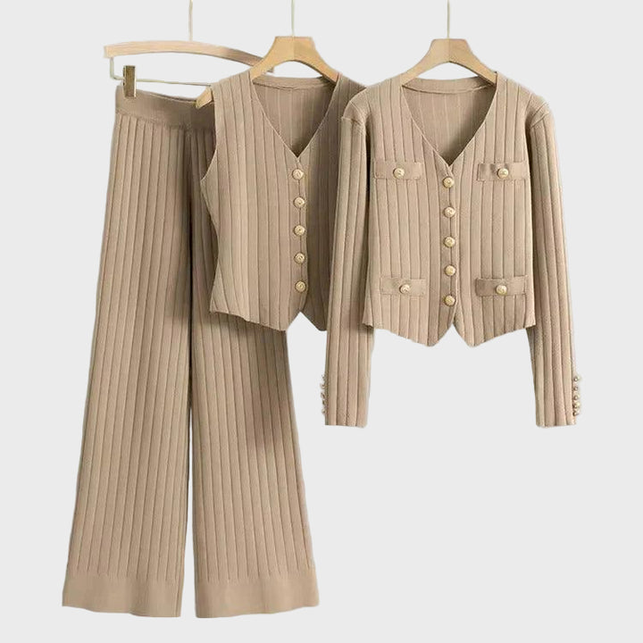 Beige Ribbed Three-Piece Pants Set