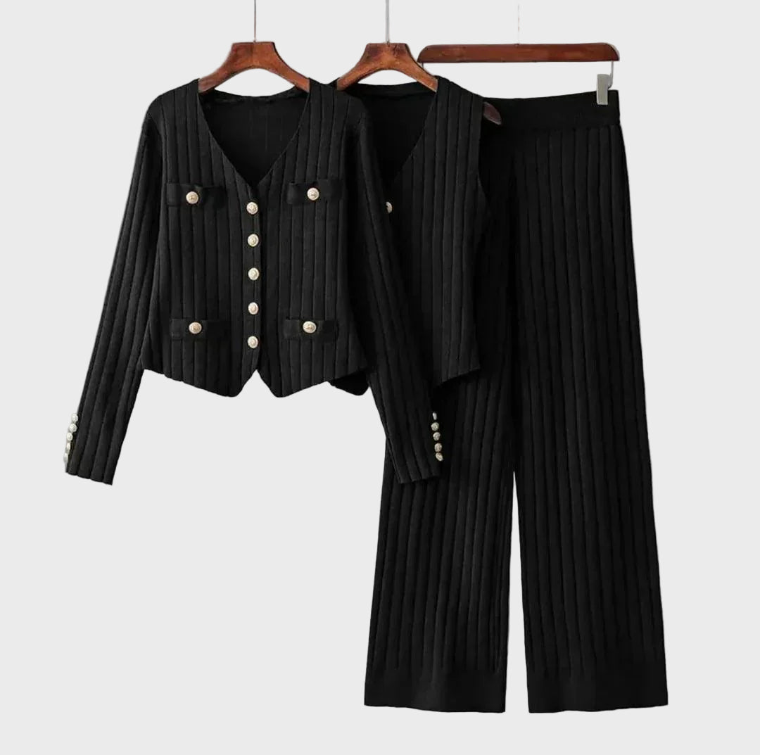 Beige Ribbed Three-Piece Pants Set