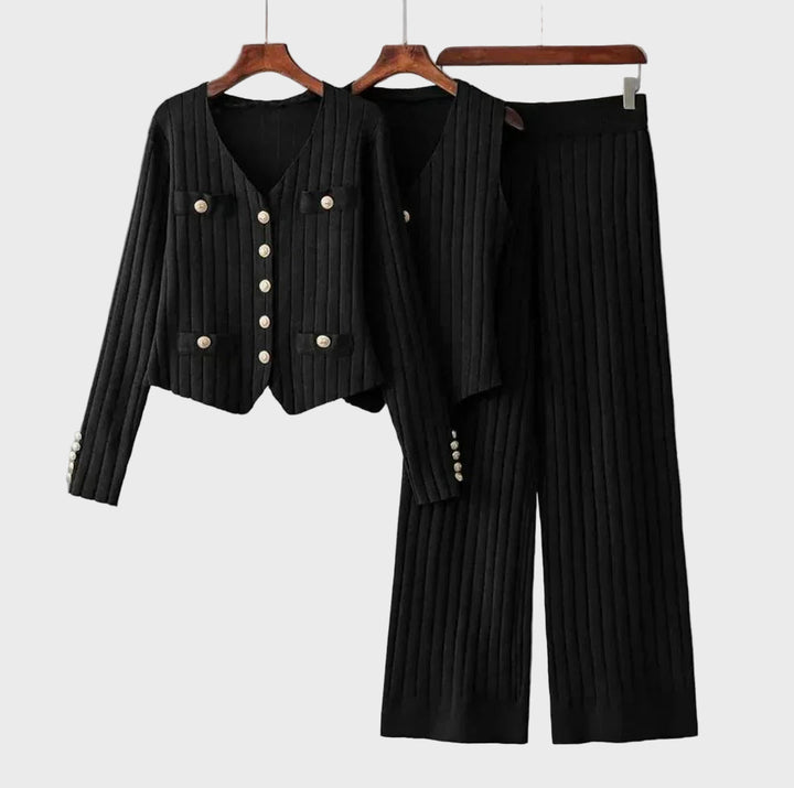 Beige Ribbed Three-Piece Pants Set