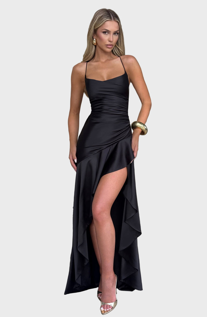 Scarlet Elegance Ruffle Maxi Dress