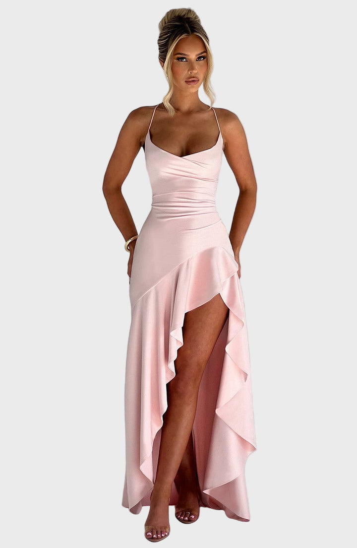 Scarlet Elegance Ruffle Maxi Dress
