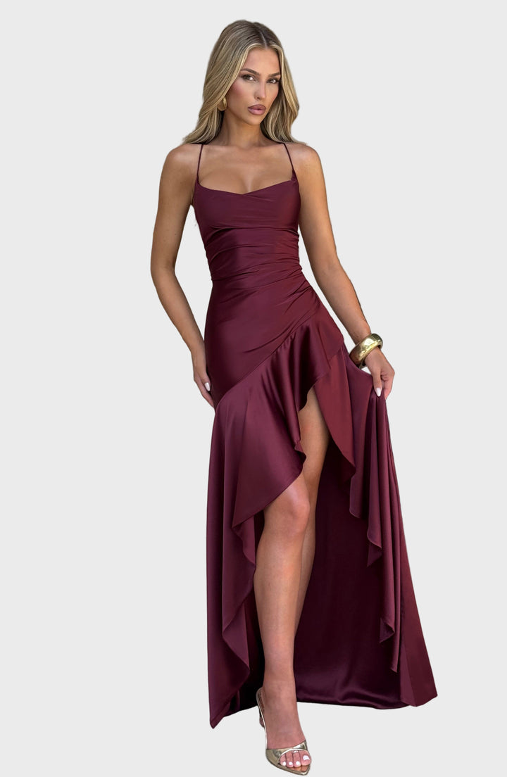 Scarlet Elegance Ruffle Maxi Dress