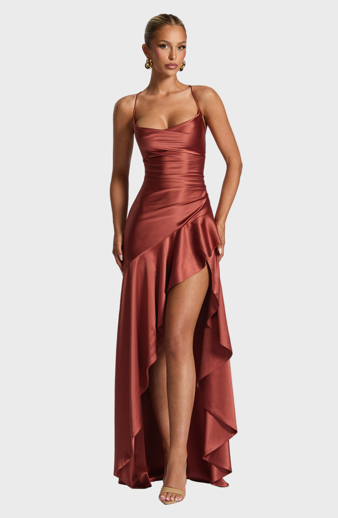 Scarlet Elegance Ruffle Maxi Dress